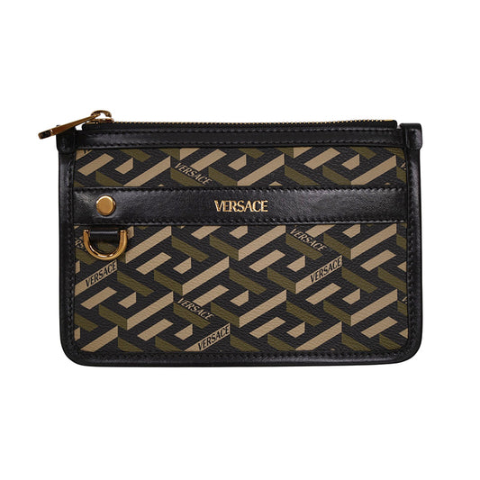 NEW $495 VERSACE Army Green LA GRECA LOGO Small Pouch MODULAR CLUTCH Zip BAG NWT