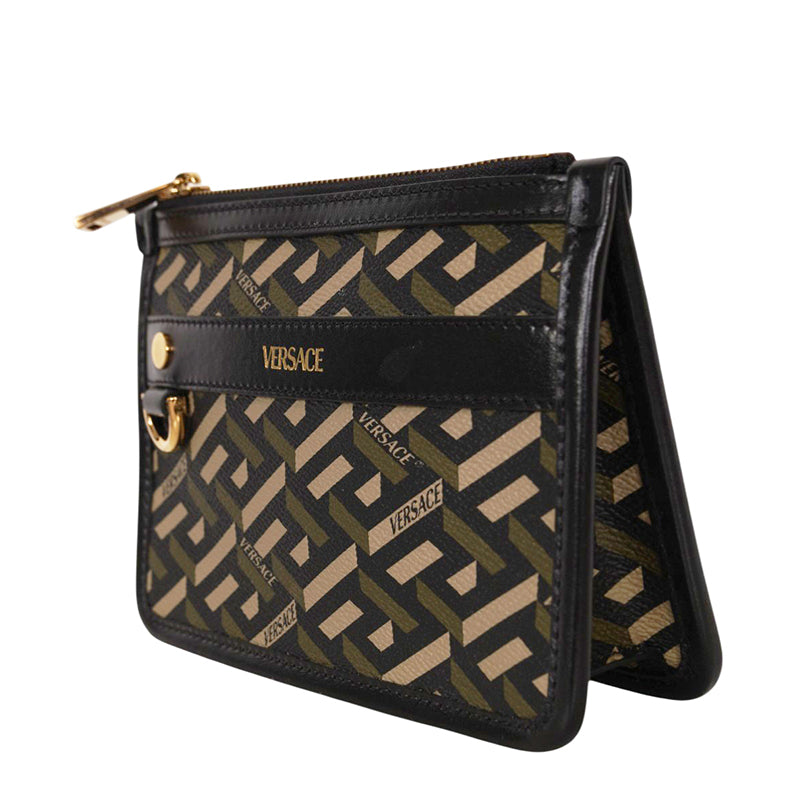 NEW $495 VERSACE Army Green LA GRECA LOGO Small Pouch MODULAR CLUTCH Zip BAG NWT