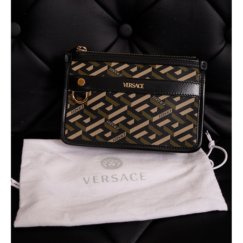 NEW $495 VERSACE Army Green LA GRECA LOGO Small Pouch MODULAR CLUTCH Zip BAG NWT