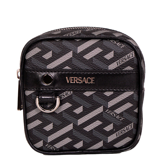 NEW $325 VERSACE Black Gray Coated Canvas LA GRECA MODULAR SQUARE Bag POUCH NIB
