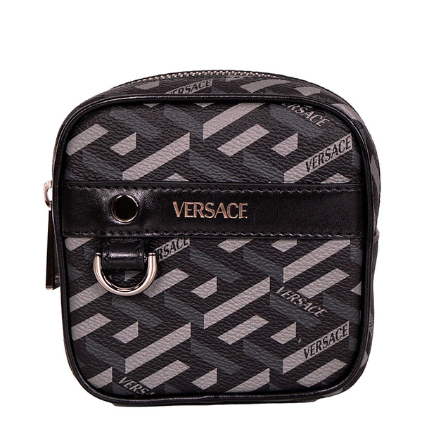 NEW $325 VERSACE Black Gray Coated Canvas LA GRECA MODULAR SQUARE Bag POUCH NIB