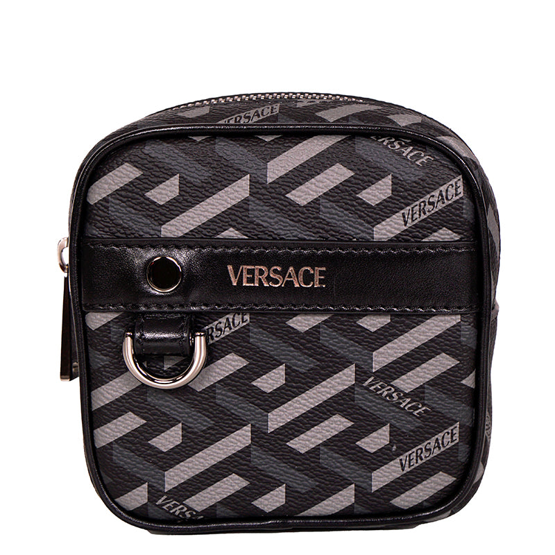 NEW $325 VERSACE Black Gray Coated Canvas LA GRECA MODULAR SQUARE Bag POUCH NIB