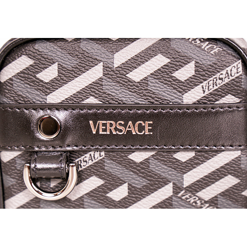 NEW $325 VERSACE Black Gray Coated Canvas LA GRECA MODULAR SQUARE Bag POUCH NIB