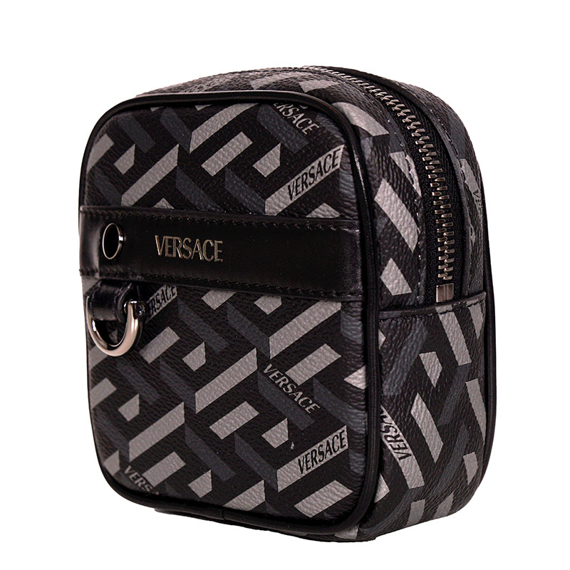 NEW $325 VERSACE Black Gray Coated Canvas LA GRECA MODULAR SQUARE Bag POUCH NIB