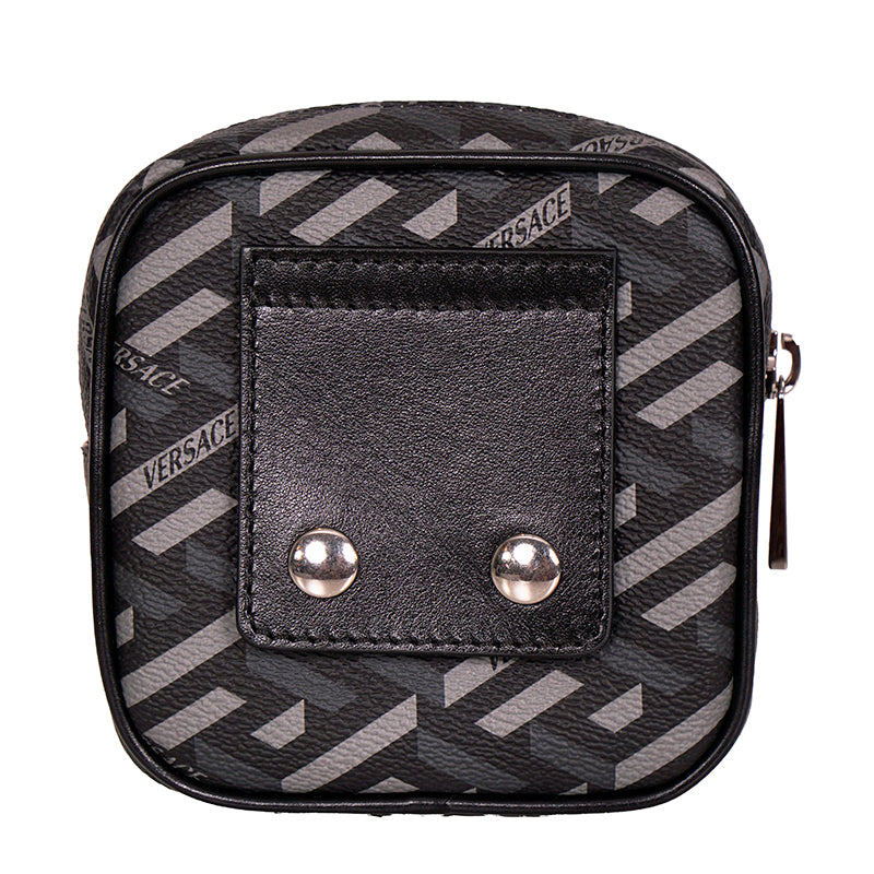 NEW $325 VERSACE Black Gray Coated Canvas LA GRECA MODULAR SQUARE Bag POUCH NIB