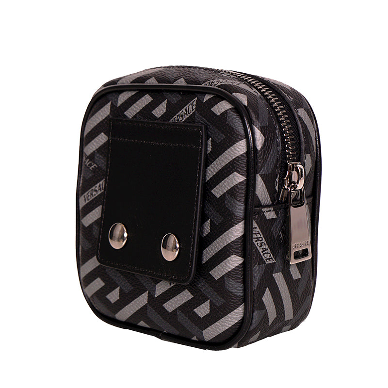 NEW $325 VERSACE Black Gray Coated Canvas LA GRECA MODULAR SQUARE Bag POUCH NIB
