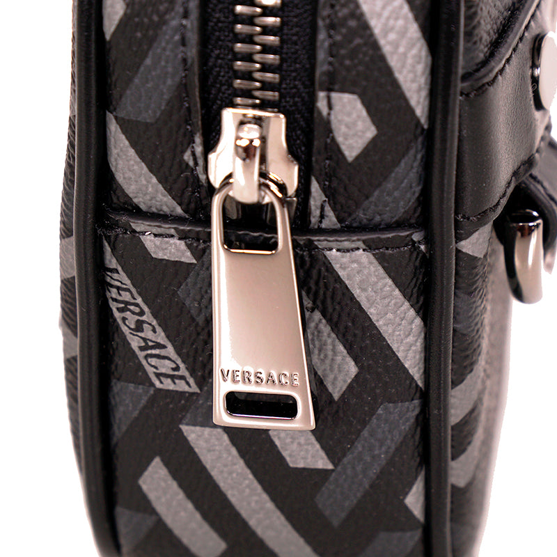 NEW $325 VERSACE Black Gray Coated Canvas LA GRECA MODULAR SQUARE Bag POUCH NIB