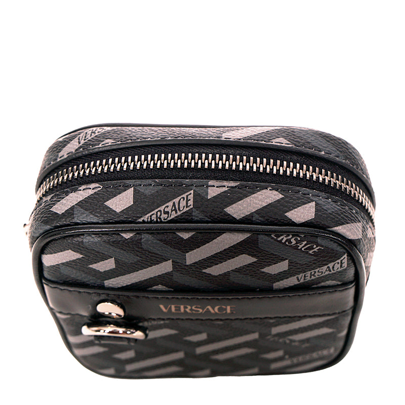 NEW $325 VERSACE Black Gray Coated Canvas LA GRECA MODULAR SQUARE Bag POUCH NIB