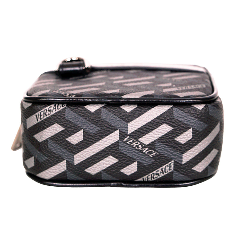 NEW $325 VERSACE Black Gray Coated Canvas LA GRECA MODULAR SQUARE Bag POUCH NIB