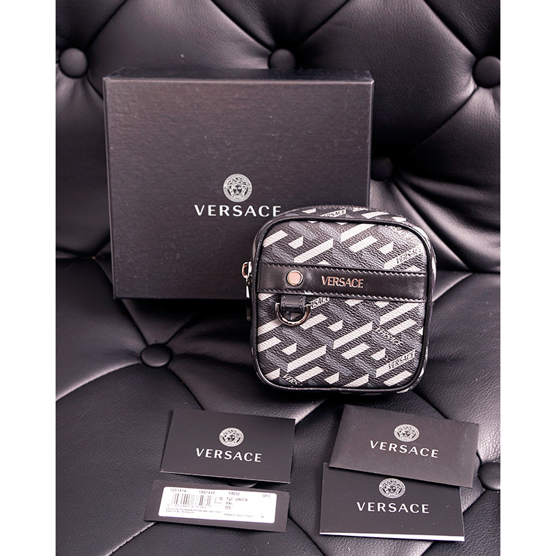 NEW $325 VERSACE Black Gray Coated Canvas LA GRECA MODULAR SQUARE Bag POUCH NIB