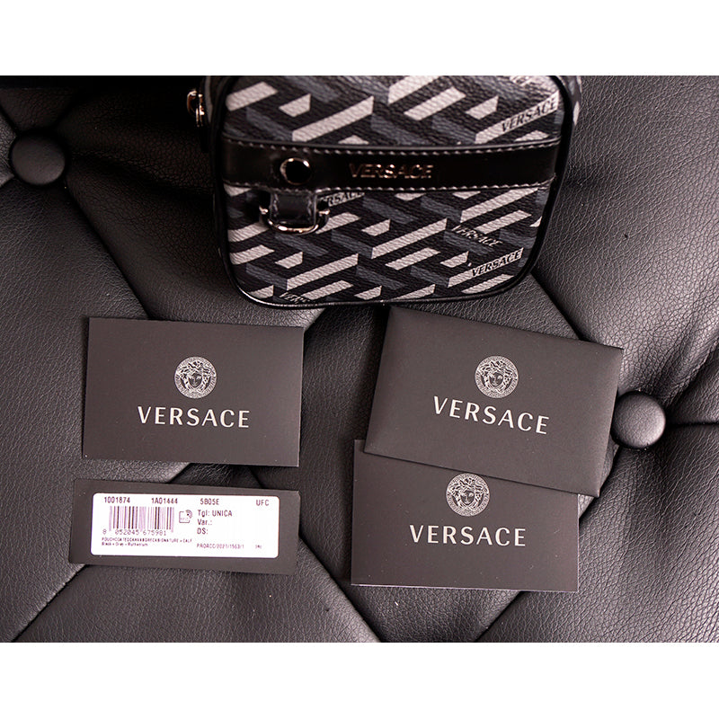 NEW $325 VERSACE Black Gray Coated Canvas LA GRECA MODULAR SQUARE Bag POUCH NIB