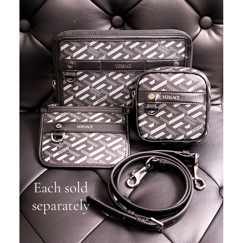 NEW $325 VERSACE Black Gray Coated Canvas LA GRECA MODULAR SQUARE Bag POUCH NIB
