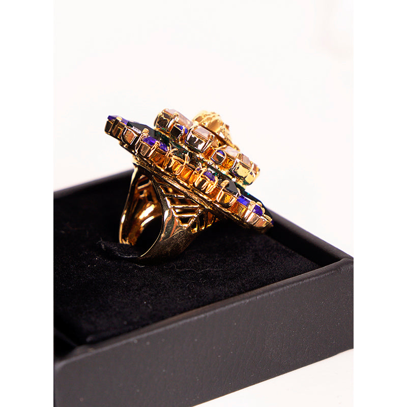 US 6.5 NEW $675 VERSACE Blue Green Champagne CRYSTAL Brass MEDUSA LOGO RING NIB