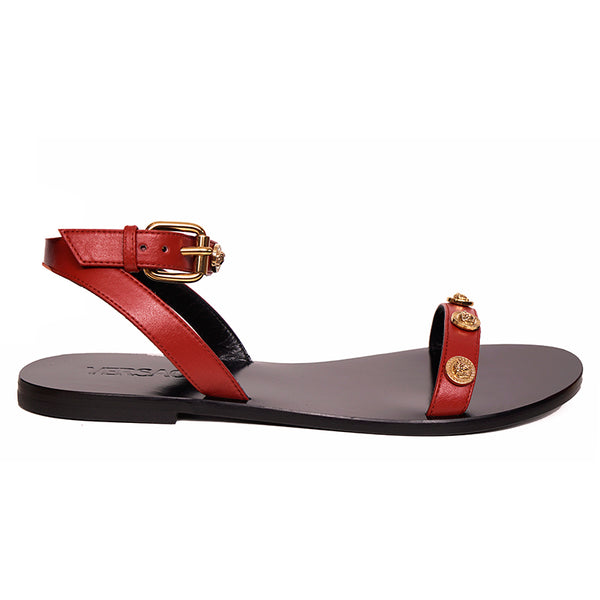 36.5 37 37.5 NEW $850 VERSACE Red MEDUSA LOGO STUDDED Ankle Wrap TRIBUTE FLAT SANDALS