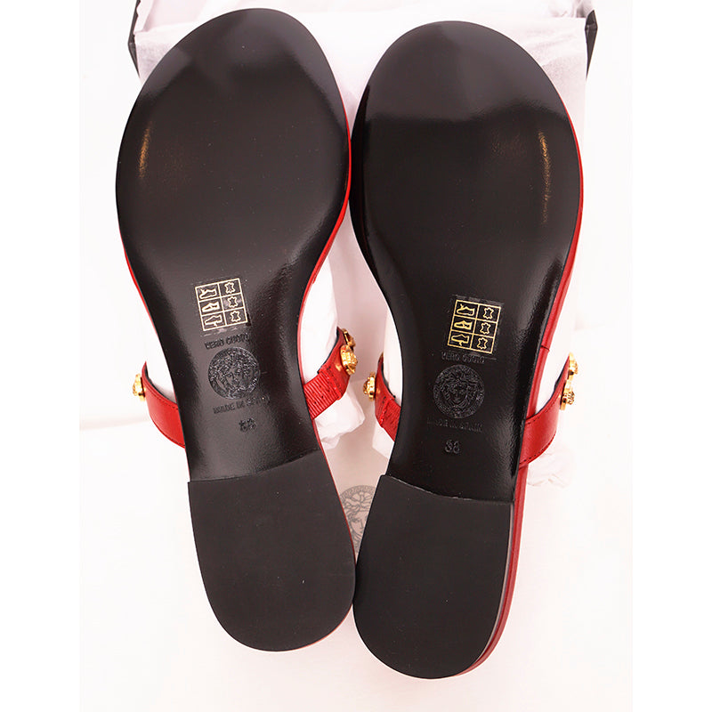 36.5 NEW $695 VERSACE Red Leather MEDUSA LOGO STUDDED Thong TRIBUTE FLAT SANDALS