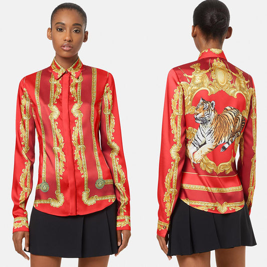 38 NEW $1,575 VERSACE Red Silk LUNAR NEW YEAR of TIGER PRINT Blouse SHIRT TOP XS