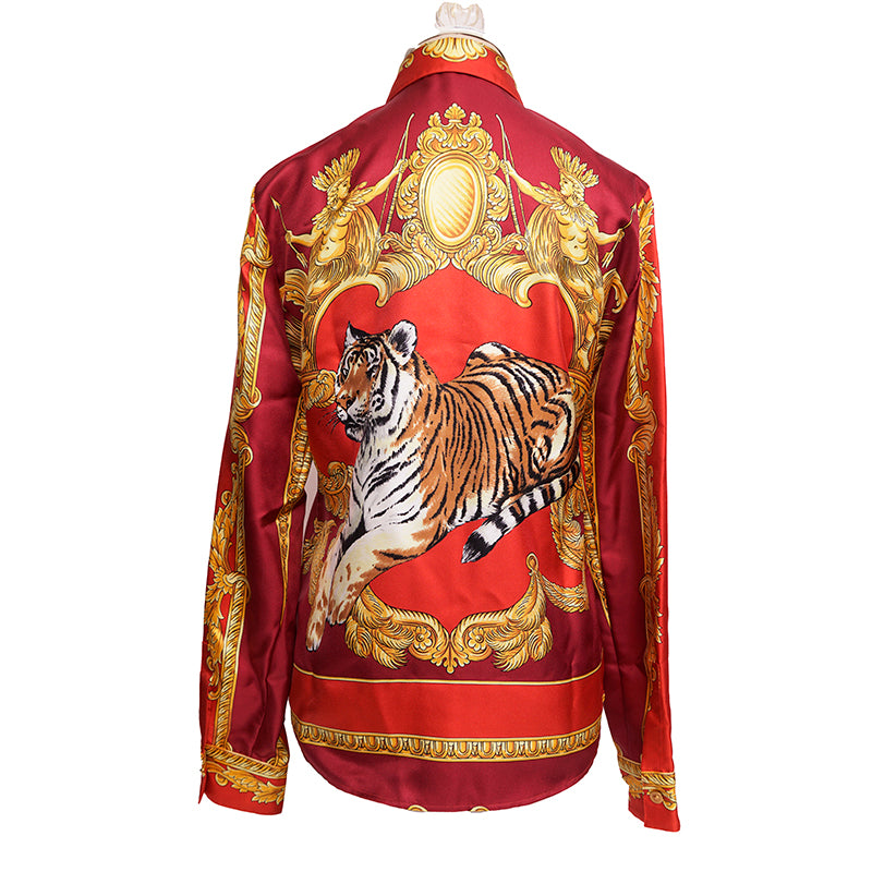 38 NEW $1,575 VERSACE Red Silk LUNAR NEW YEAR of TIGER PRINT Blouse SHIRT TOP XS