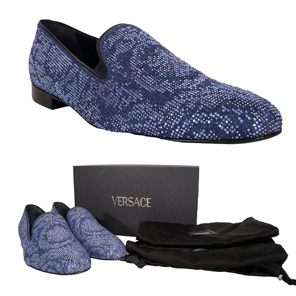 44 US 11 NEW $1175 VERSACE Men's Blue Denim BAROCCO CRYSTALS SMOKING LOAFERS NIB
