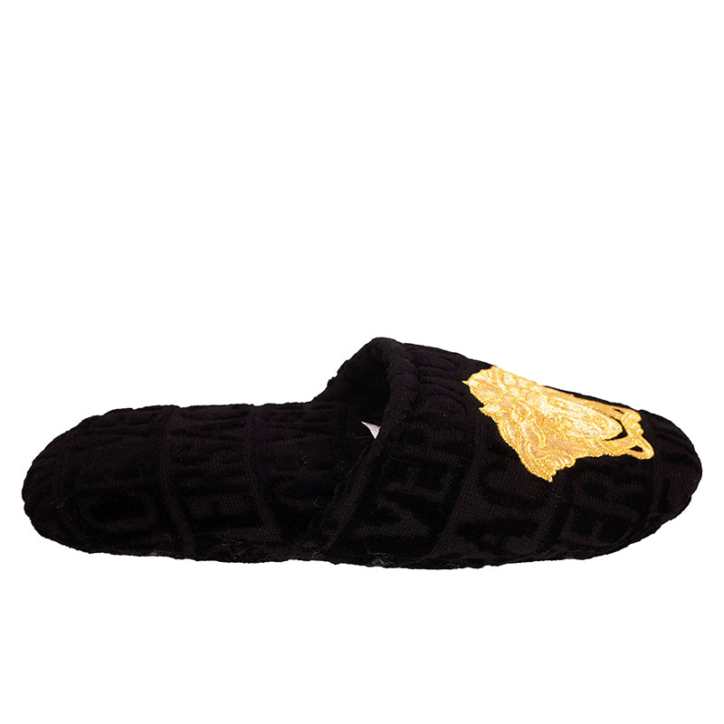 M NEW $250 VERSACE Black Allover Logo MEDUSA Cotton Terry BEDROOM ICON SLIPPERS