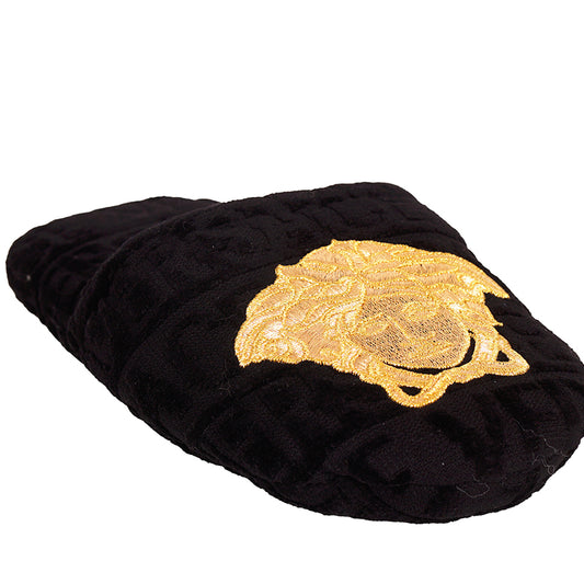 M NEW $250 VERSACE Black Allover Logo MEDUSA Cotton Terry BEDROOM ICON SLIPPERS