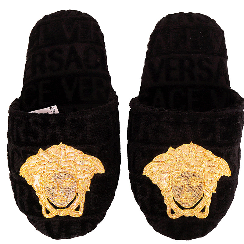 M NEW $250 VERSACE Black Allover Logo MEDUSA Cotton Terry BEDROOM ICON SLIPPERS