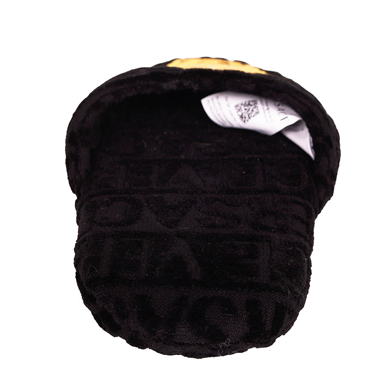 M NEW $250 VERSACE Black Allover Logo MEDUSA Cotton Terry BEDROOM ICON SLIPPERS
