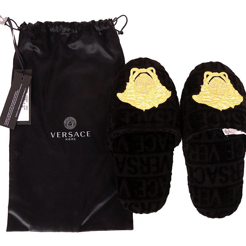 M NEW $250 VERSACE Black Allover Logo MEDUSA Cotton Terry BEDROOM ICON SLIPPERS