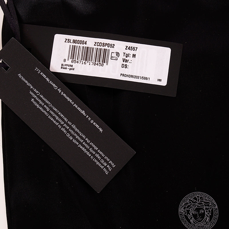 M NEW $250 VERSACE Black Allover Logo MEDUSA Cotton Terry BEDROOM ICON SLIPPERS