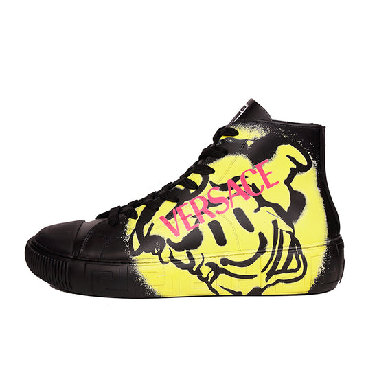 43 US 10 NEW $850 VERSACE Men Black Leather SMILEY MEDUSA LOGO High-top SNEAKERS