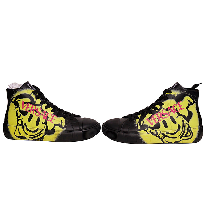 43 US 10 NEW $850 VERSACE Men Black Leather SMILEY MEDUSA LOGO High-top SNEAKERS