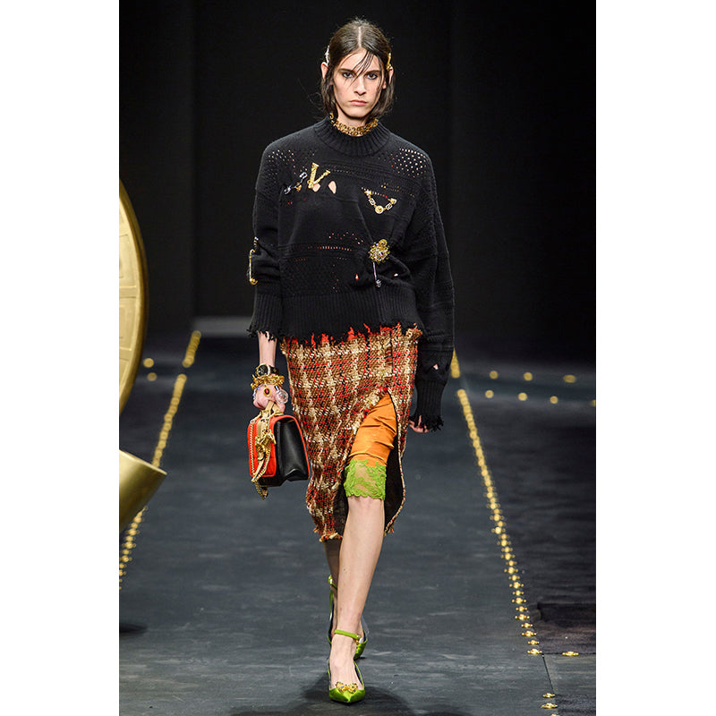 44 NEW $1250 VERSACE Womans RUNWAY Black 100% Wool RAW EDGE RIPPED Edgy SWEATER
