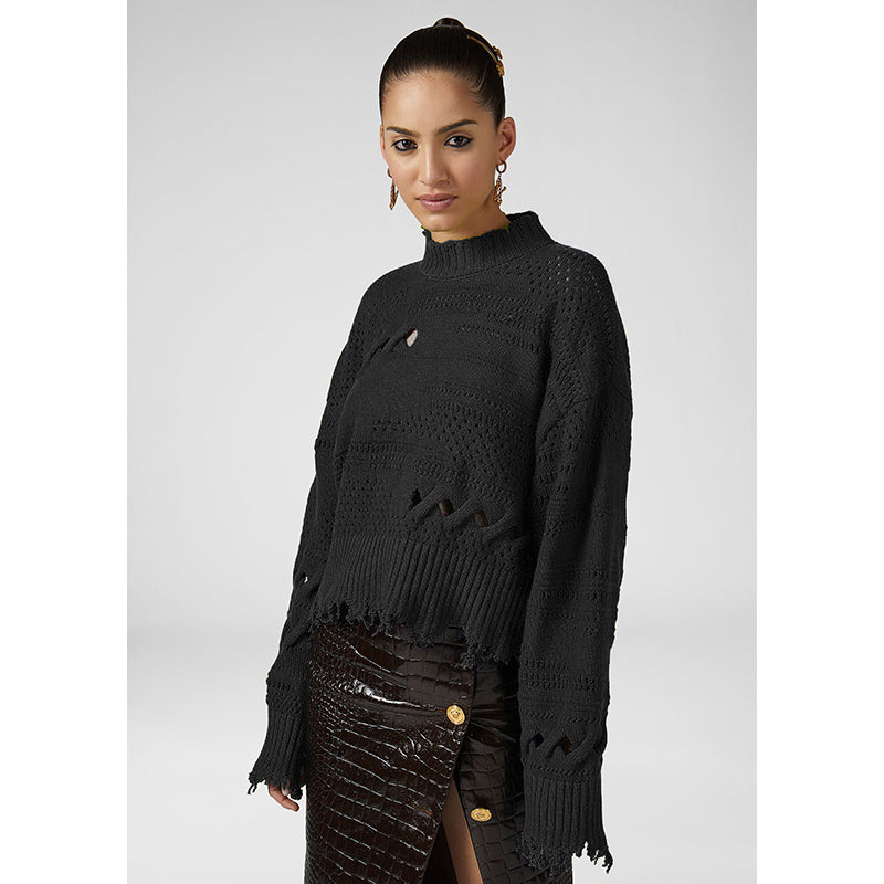 44 NEW $1250 VERSACE Womans RUNWAY Black 100% Wool RAW EDGE RIPPED Edgy SWEATER