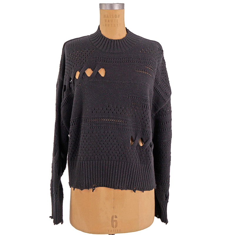 44 NEW $1250 VERSACE Womans RUNWAY Black 100% Wool RAW EDGE RIPPED Edgy SWEATER