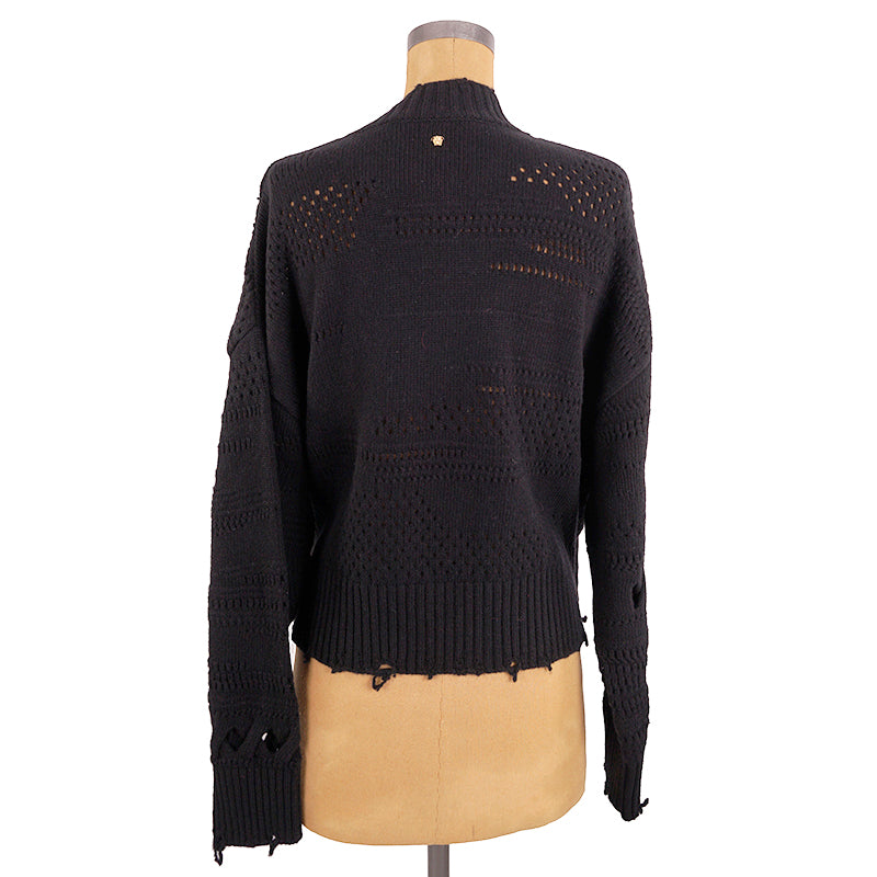 44 NEW $1250 VERSACE Womans RUNWAY Black 100% Wool RAW EDGE RIPPED Edgy SWEATER