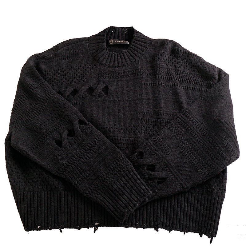 44 NEW $1250 VERSACE Womans RUNWAY Black 100% Wool RAW EDGE RIPPED Edgy SWEATER