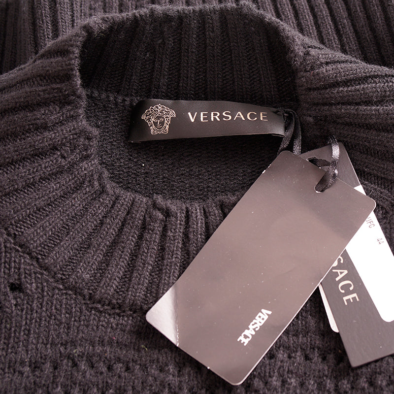 44 NEW $1250 VERSACE Womans RUNWAY Black 100% Wool RAW EDGE RIPPED Edgy SWEATER
