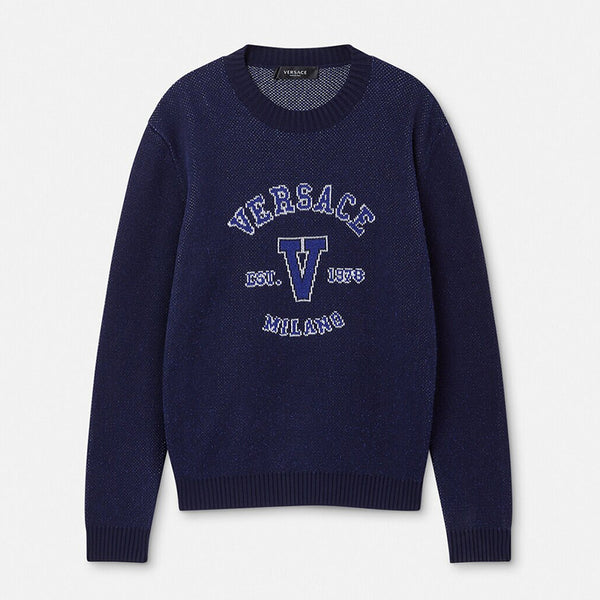 50 & 52 NEW $1,050 VERSACE Men's Navy Blue VARSITY V LOGO Fine Knit Cotton SWEATER