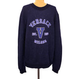 52 NEW $1,050 VERSACE Men's Navy Blue VARSITY V LOGO Fine Knit Cotton SWEATER