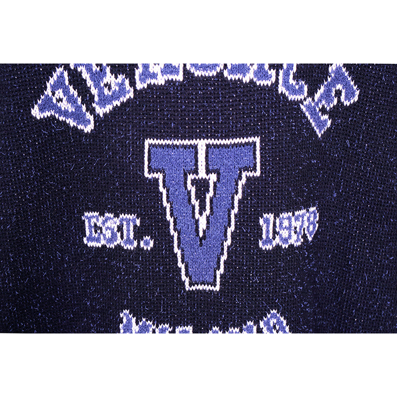 52 NEW $1,050 VERSACE Men's Navy Blue VARSITY V LOGO Fine Knit Cotton SWEATER