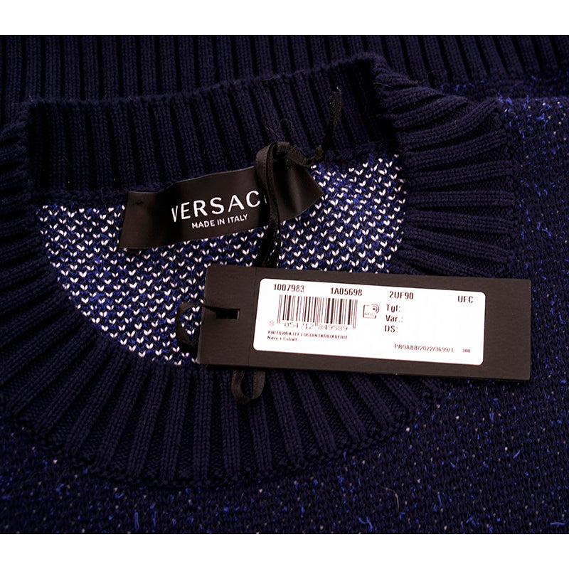 52 NEW $1,050 VERSACE Men's Navy Blue VARSITY V LOGO Fine Knit Cotton SWEATER