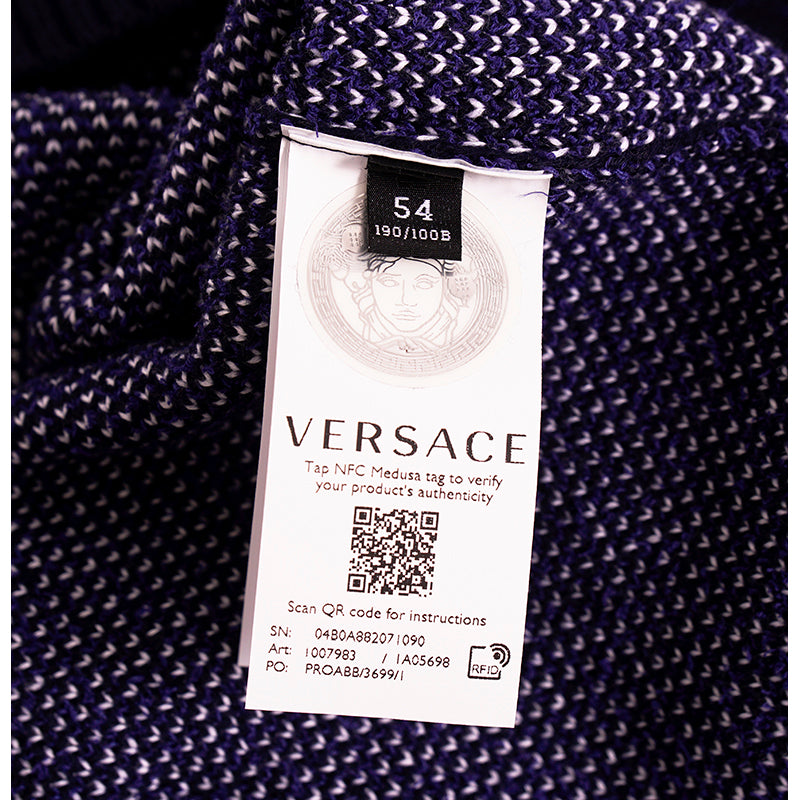 52 NEW $1,050 VERSACE Men's Navy Blue VARSITY V LOGO Fine Knit Cotton SWEATER