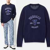 52 NEW $1,050 VERSACE Men's Navy Blue VARSITY V LOGO Fine Knit Cotton SWEATER