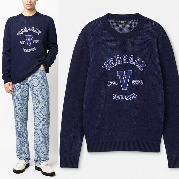 50 & 52 NEW $1,050 VERSACE Men's Navy Blue VARSITY V LOGO Fine Knit Cotton SWEATER