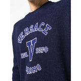 52 NEW $1,050 VERSACE Men's Navy Blue VARSITY V LOGO Fine Knit Cotton SWEATER