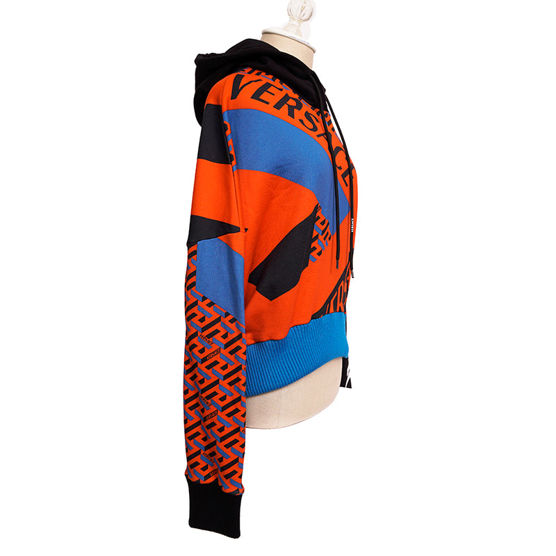 42 NEW $1175 VERSACE Woman's Orange Blue LA GRECA LOGO Cotton CROPPED SWEATSHIRT