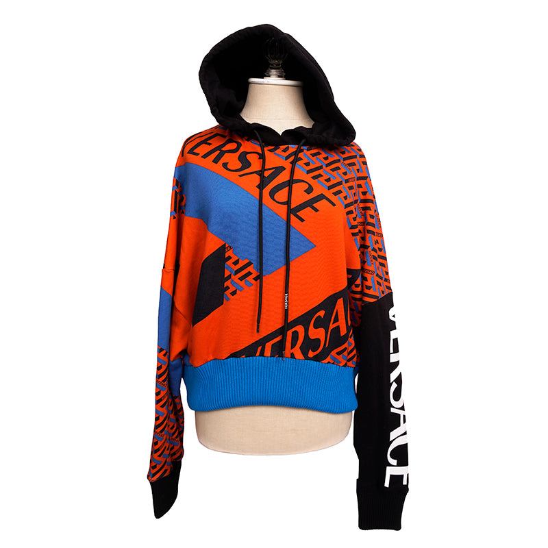 42 NEW $1175 VERSACE Woman's Orange Blue LA GRECA LOGO Cotton CROPPED SWEATSHIRT