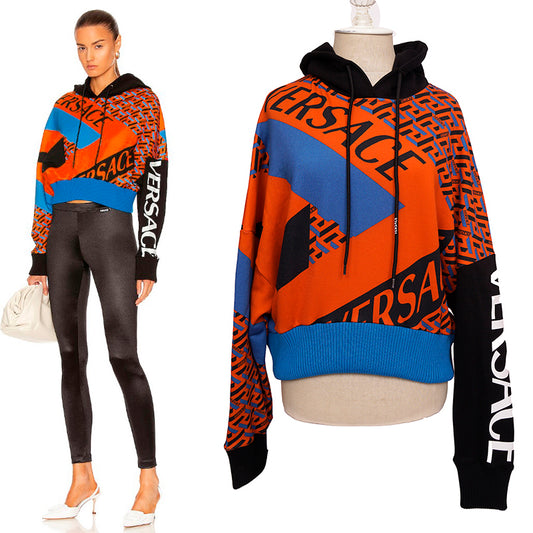 42 NEW $1175 VERSACE Woman's Orange Blue LA GRECA LOGO Cotton CROPPED SWEATSHIRT