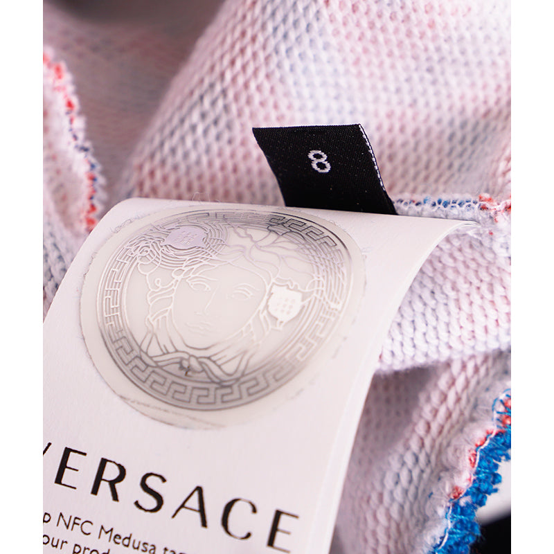 42 NEW $1175 VERSACE Woman's Orange Blue LA GRECA LOGO Cotton CROPPED SWEATSHIRT