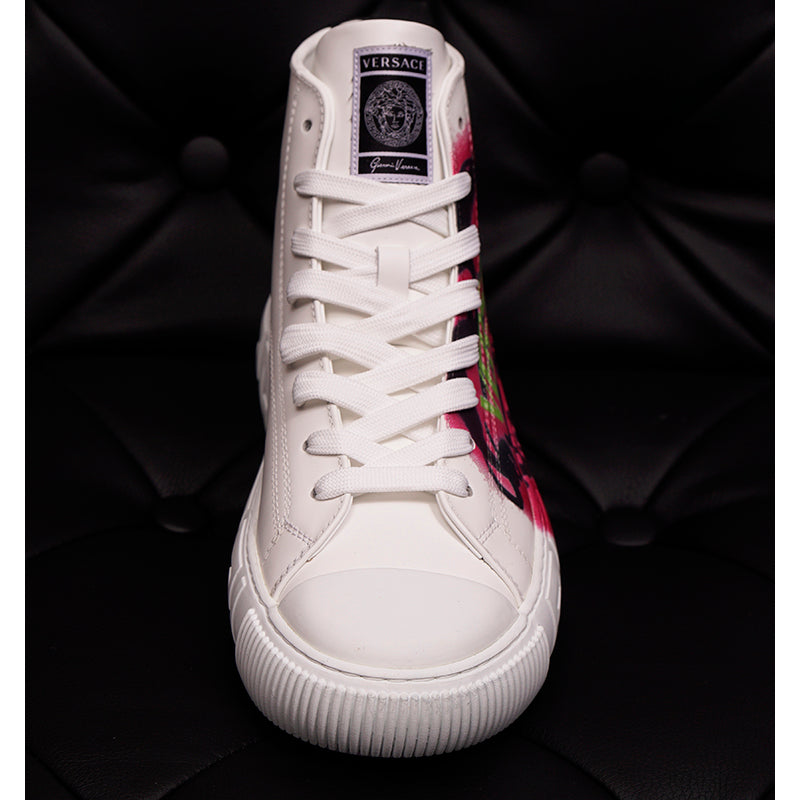 sz 38.5 NEW $795 VERSACE White PINK SMILEY MEDUSA LOGO Leather High Top SNEAKERS