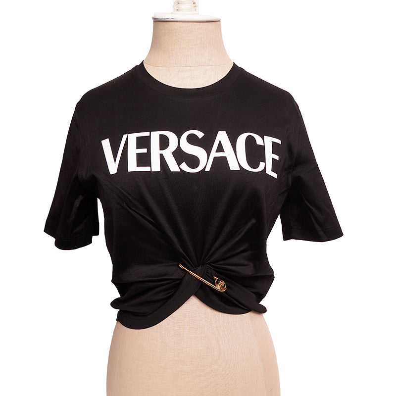 XS 36 NEW $775 VERSACE Black LOGO MEDUSA SMILEY Back T-Shirt Tee w/ SAFETY PIN BROOCH